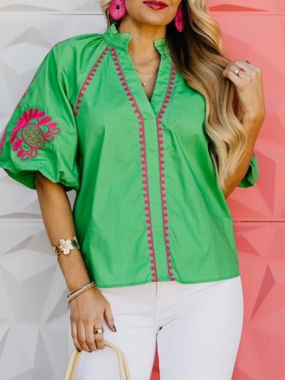 THML Green Embroidered Puff Sleeve Blouse with Pink Trim